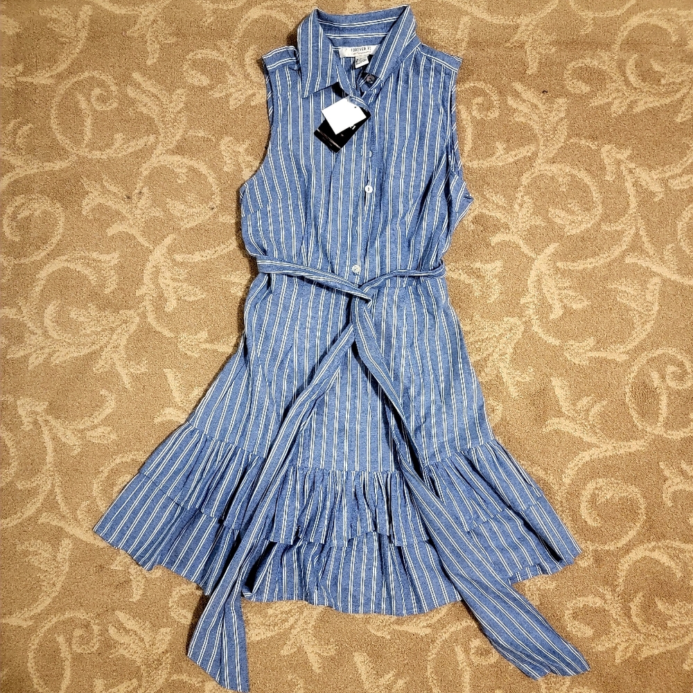 NWT Blue Pinstripe Sundress with Waist Tie